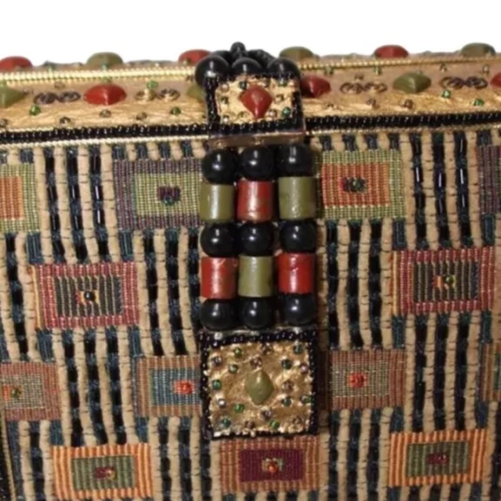 Mary Frances Beaded Gold Black Evening Purse Clutch Handbag Crossbody 7” - Picture 6 of 10
